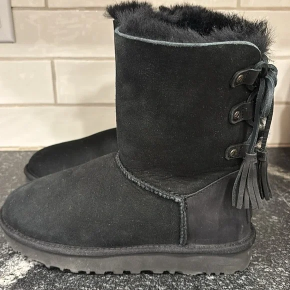UGG Kristabelle Black Suede Boots, Lace Up Tassel size 7 - Picture 2 of 12